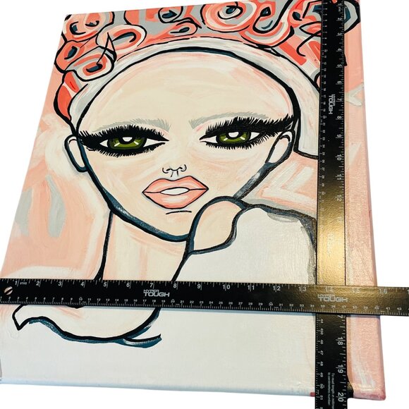 Hand-Painted Abstract Canvas Art Of Woman Rosy Headdress & Bold Eyes Signed RP - Picture 5 of 10